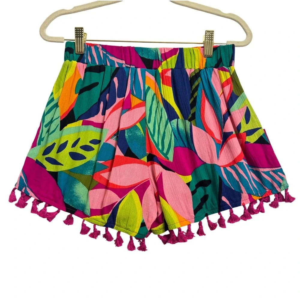 Trina Turk Rainforest Fringe Cover Up Shorts XS Pink Green Tropical‎